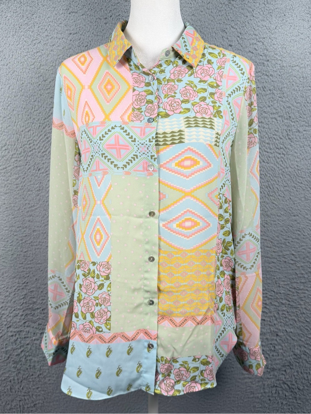 Rose and Olive Top Womens Small Aztec Rose Southwestern Semi Sheer Button Blouse